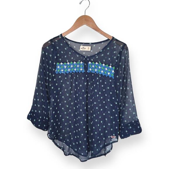 HOLLISTER Boho Style Chiffon Sheer Aztec Blouse Top Green Cover Up Blue Medium - Picture 8 of 10